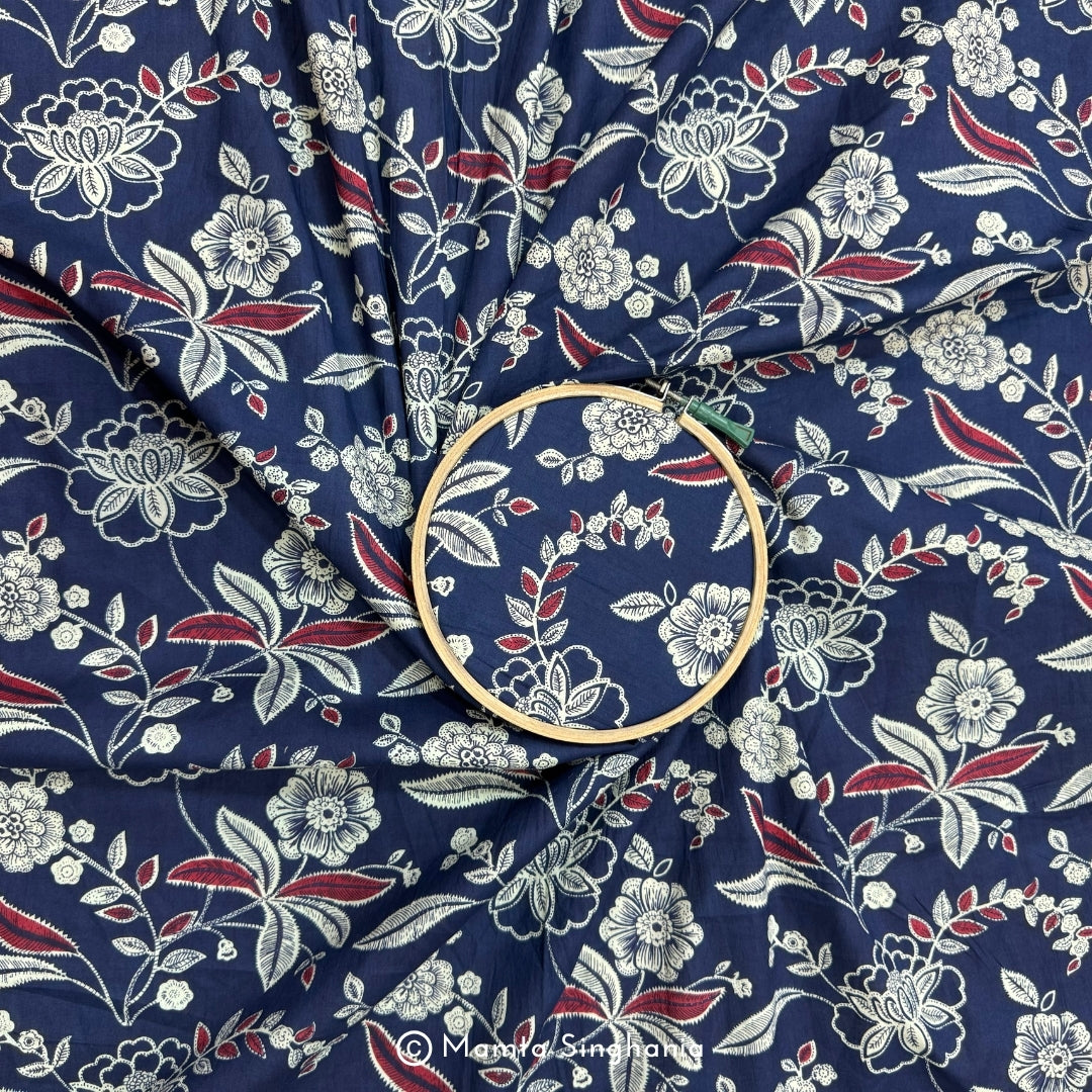 Dark Blue Floral Printed Cotton Fabric