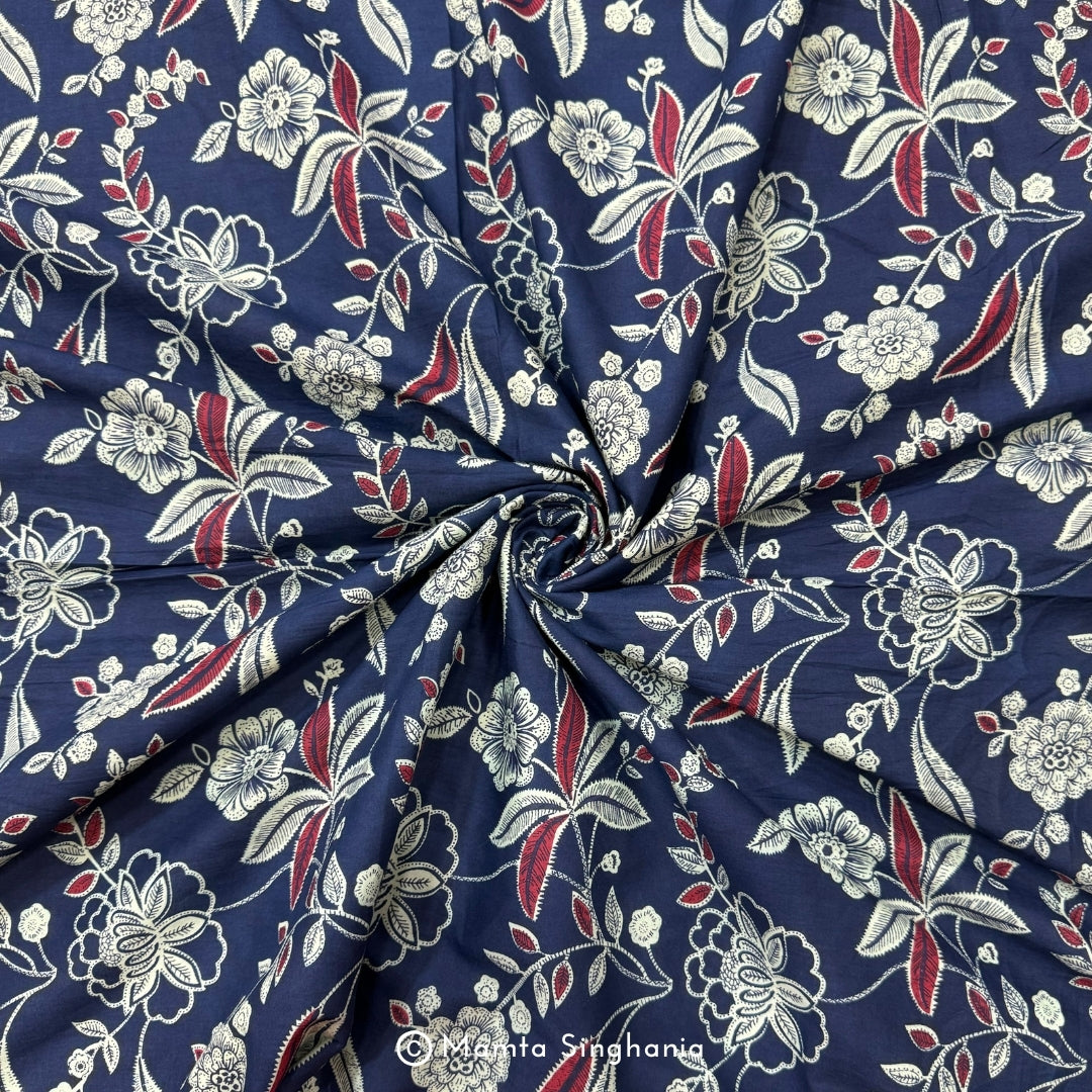 Dark Blue Floral Printed Cotton Fabric