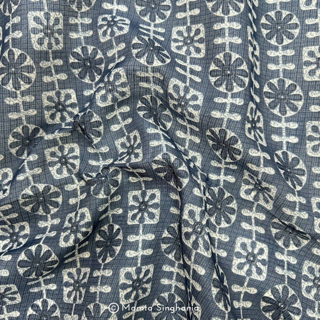 Blue Floral Printed Kota Doria Fabric