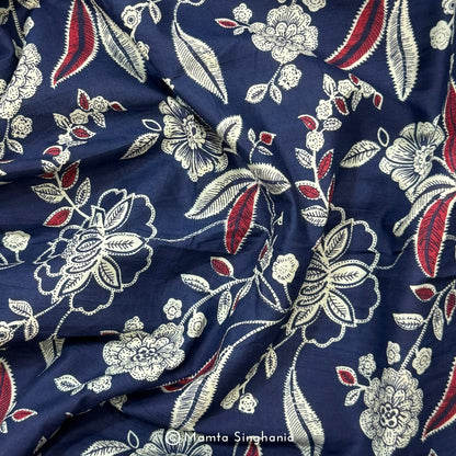 Dark Blue Floral Printed Cotton Fabric