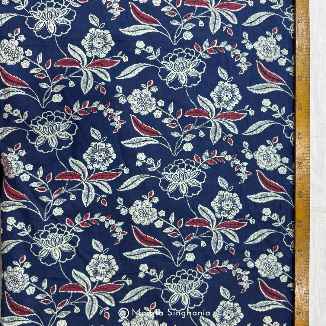 Dark Blue Floral Printed Cotton Fabric