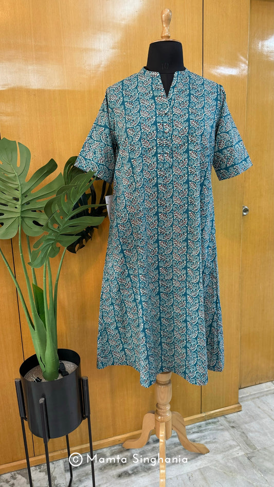 Blue Printed Cotton A-line Kurti