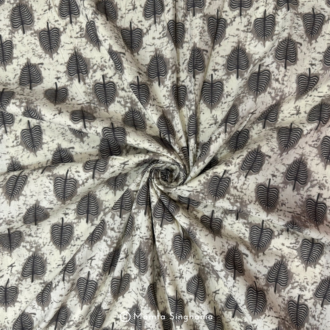 Cream Grey Leaf Printed Cotton Fabric