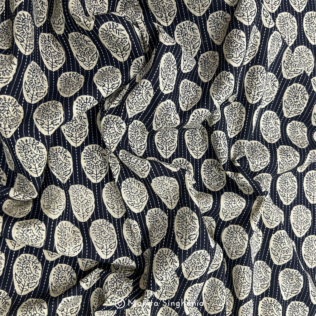 Black & Cream Abstract Floral Printed Kantha Cotton Fabric