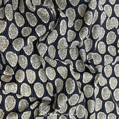 Black & Cream Abstract Floral Printed Kantha Cotton Fabric