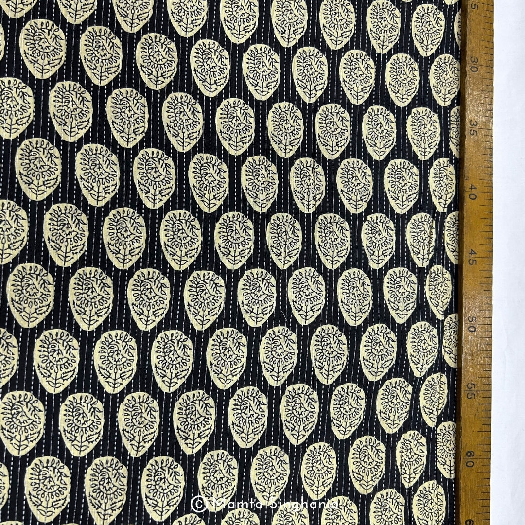 Black & Cream Abstract Floral Printed Kantha Cotton Fabric