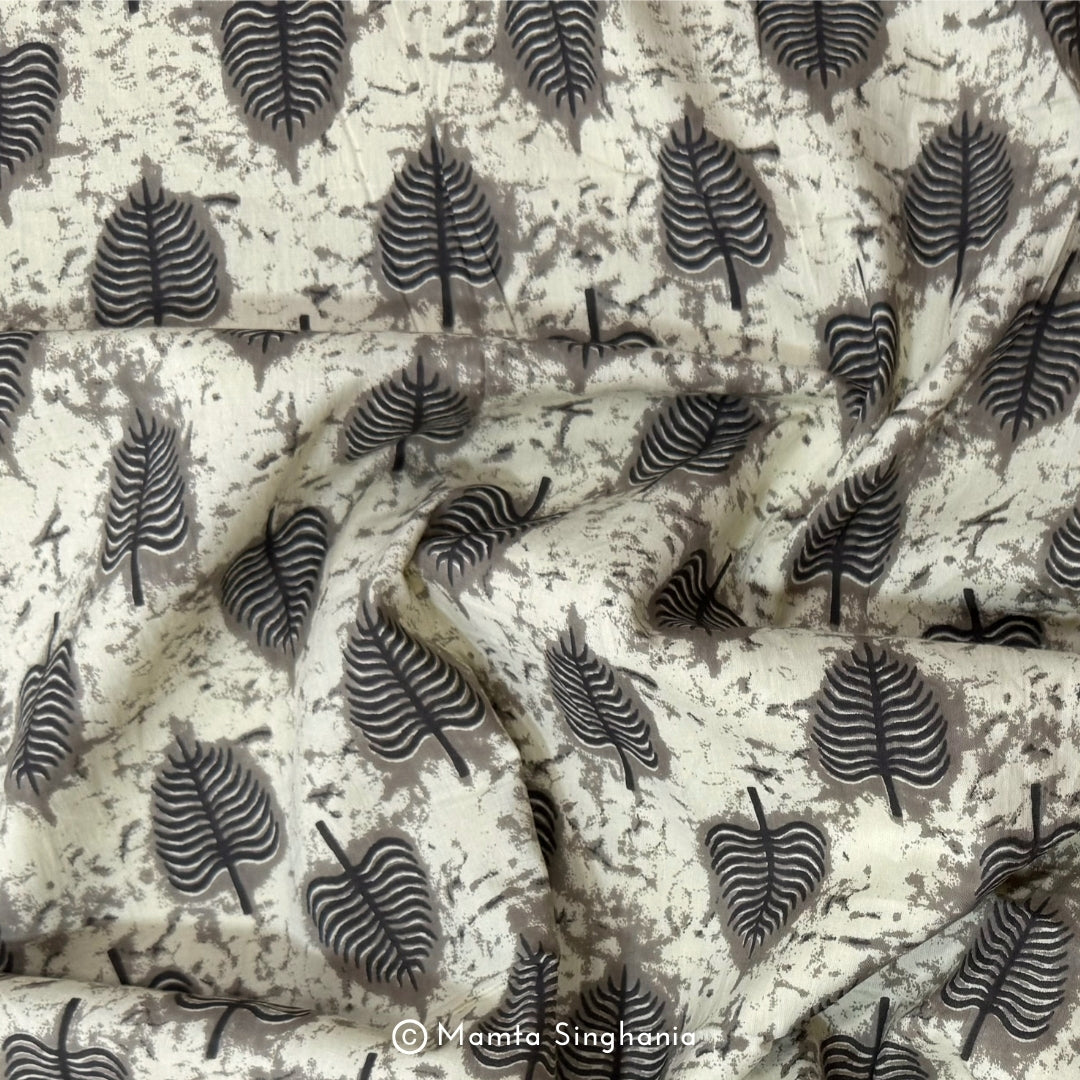 Cream Grey Leaf Printed Cotton Fabric