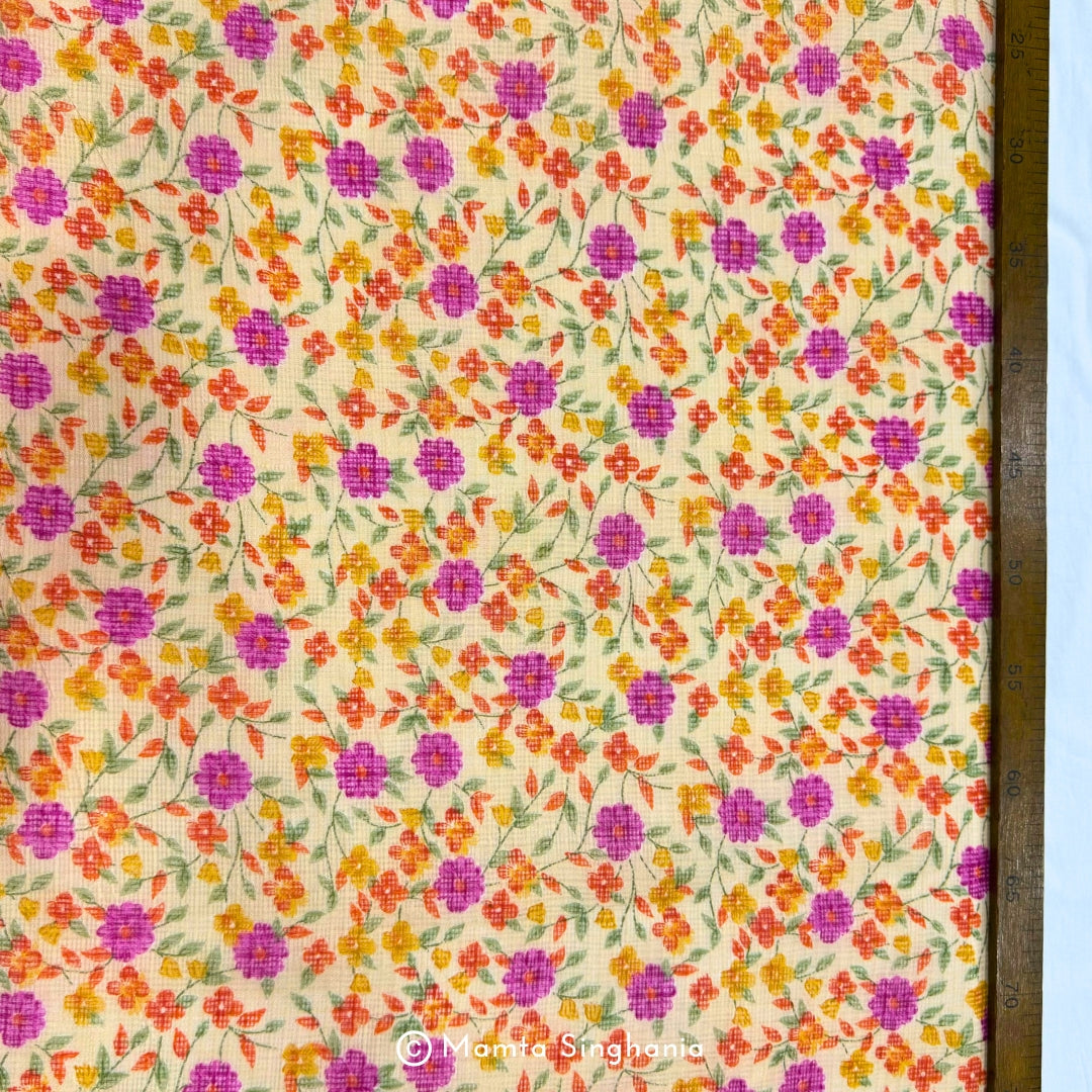 Beige Cream Floral Printed Kota Doria Fabric