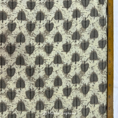 Cream Grey Leaf Printed Cotton Fabric