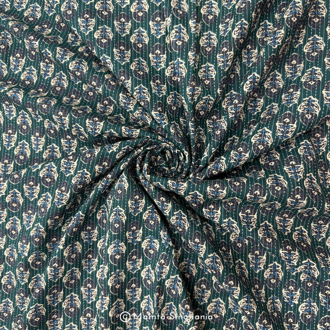 Dark Green Floral Printed Kantha Cotton Fabric