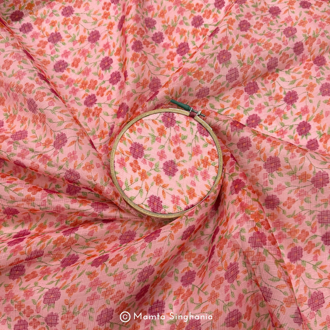 Pink Floral Printed Kota Doria Fabric