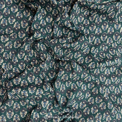 Dark Green Floral Printed Kantha Cotton Fabric