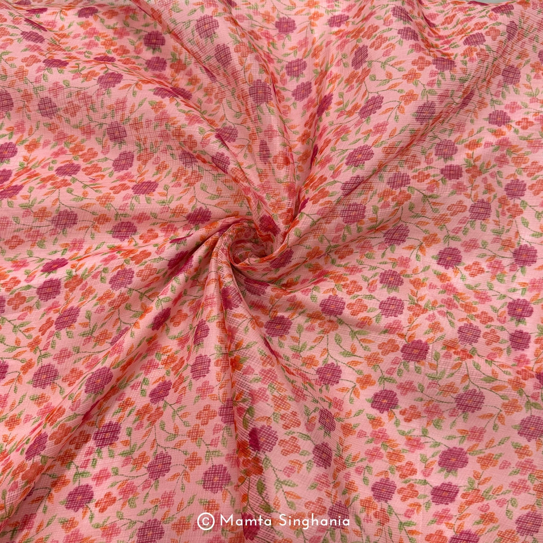 Pink Floral Printed Kota Doria Fabric