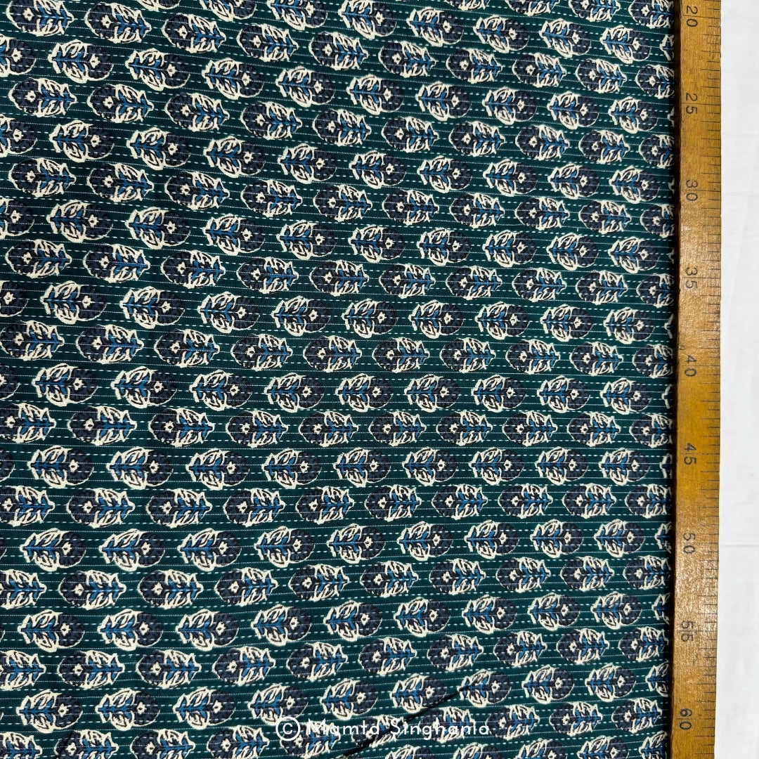 Dark Green Floral Printed Kantha Cotton Fabric