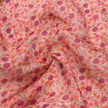 Pink Floral Printed Kota Doria Fabric