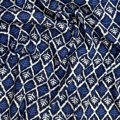 Dark Blue Leaf Printed Cotton Fabric