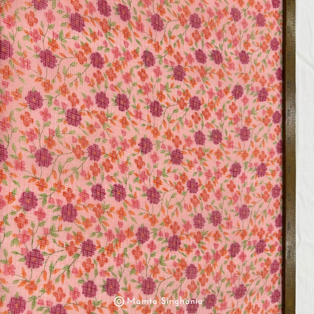 Pink Floral Printed Kota Doria Fabric