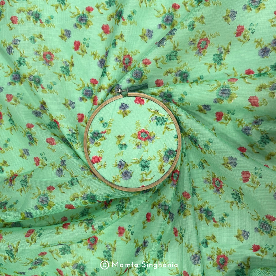 Green Floral Printed Kota Doria Fabric