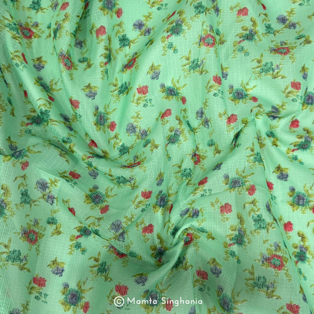 Green Floral Printed Kota Doria Fabric