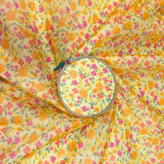 Yellow Floral Printed Kota Doria Fabric