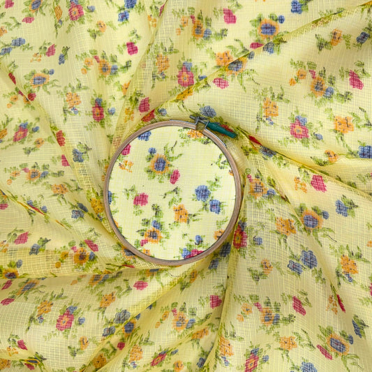 Yellow Floral Printed Kota Doria Fabric