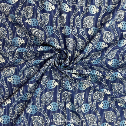 Blue Floral Printed Kantha Cotton Fabric