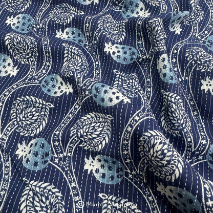 Blue Floral Printed Kantha Cotton Fabric