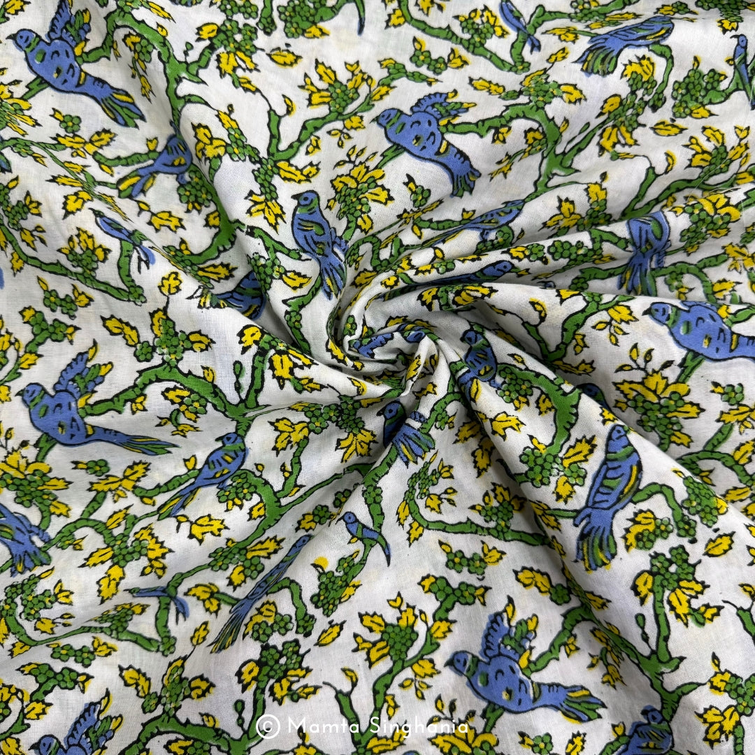 Birds & Flowers Hand-Block Printed Cotton Fabric