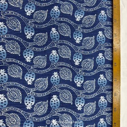 Blue Floral Printed Kantha Cotton Fabric