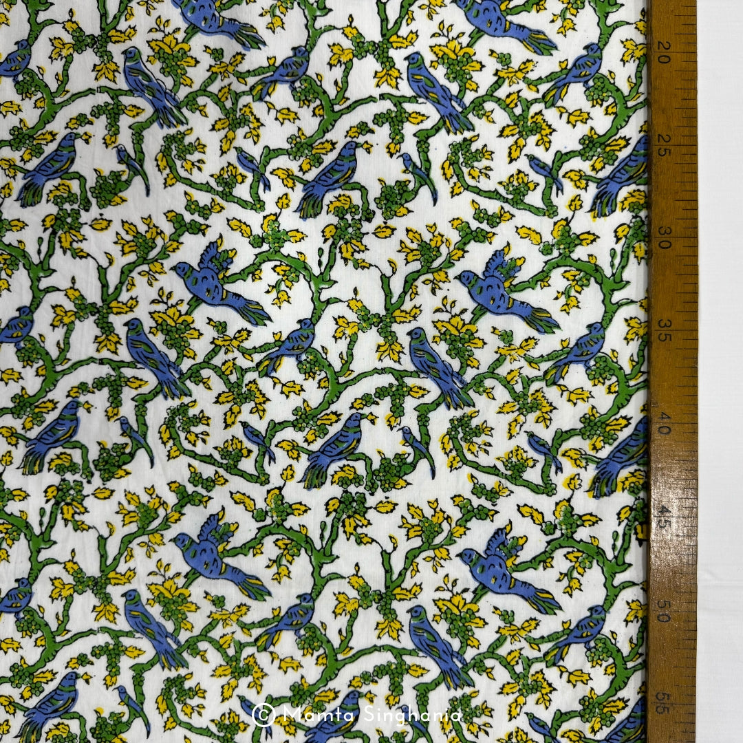 Birds & Flowers Hand-Block Printed Cotton Fabric