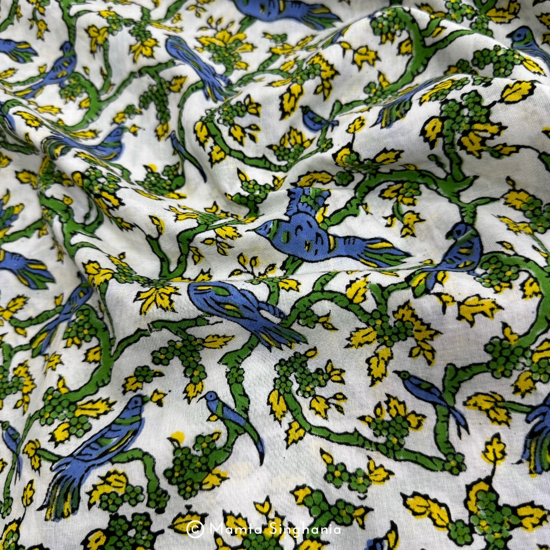 Birds & Flowers Hand-Block Printed Cotton Fabric