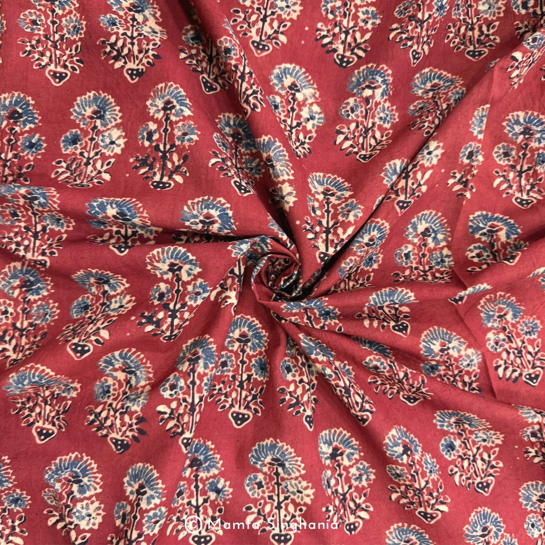 Red Floral Ajrakh Printed Cotton Fabric