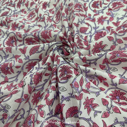 Pink Purple Floral Hand-Block Printed Fabric