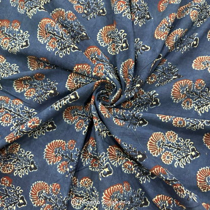 Blue Floral Ajrakh Printed Cotton Fabric