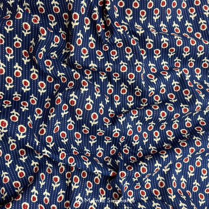 Blue Red Floral Printed Kantha Cotton Fabric