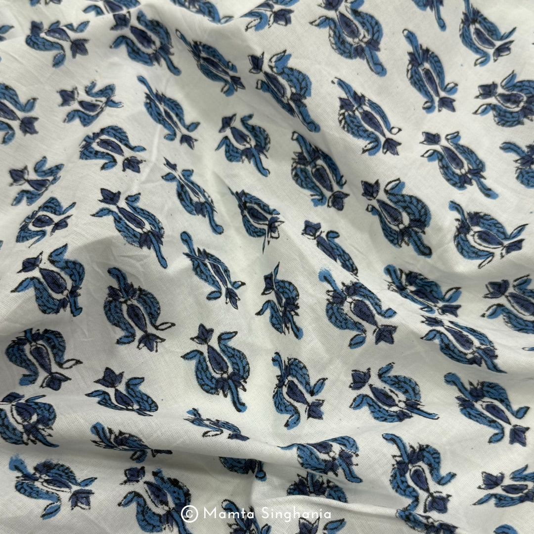 Blue Motif Hand-Block Printed Cotton Fabric