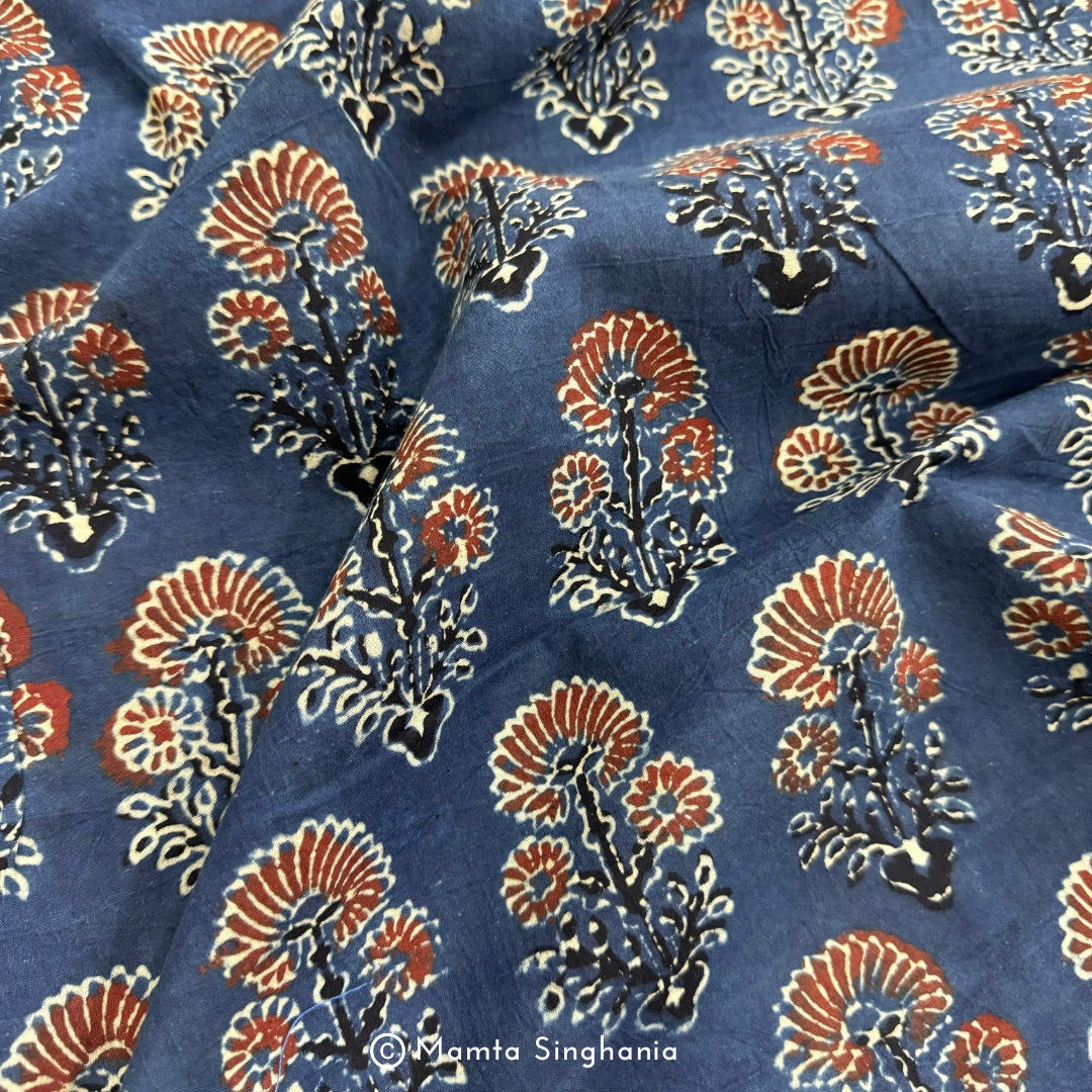 Blue Floral Ajrakh Printed Cotton Fabric