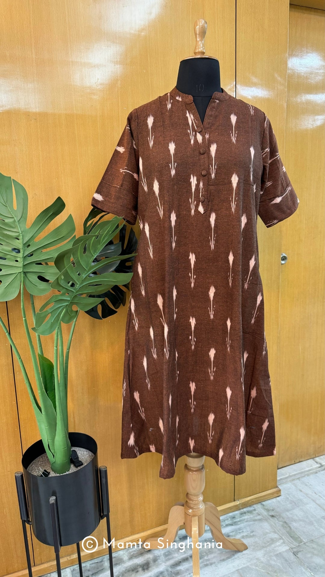 Brown Printed Ikkat A-line Kurti