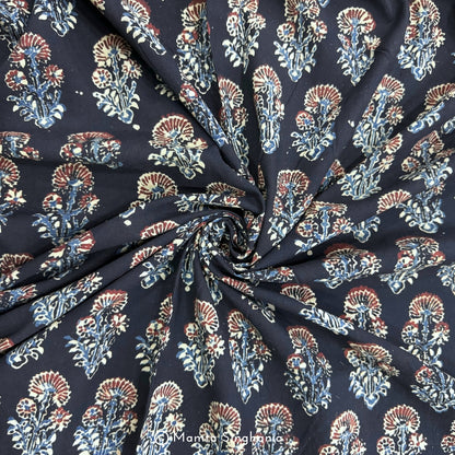 Black Floral Ajrakh Printed Cotton Fabric