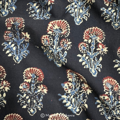 Black Floral Ajrakh Printed Cotton Fabric