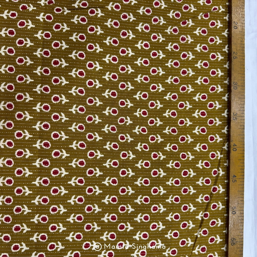 Mustard Red Floral Printed Kantha Cotton Fabric