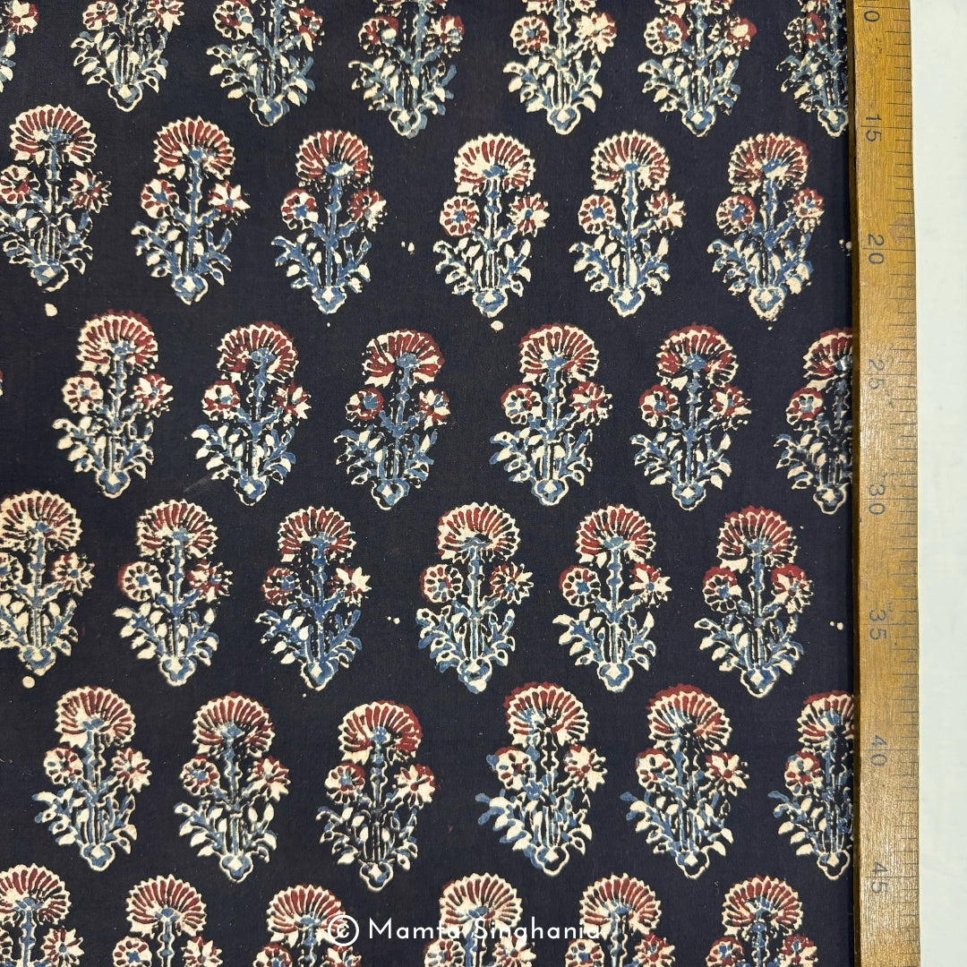 Black Floral Ajrakh Printed Cotton Fabric