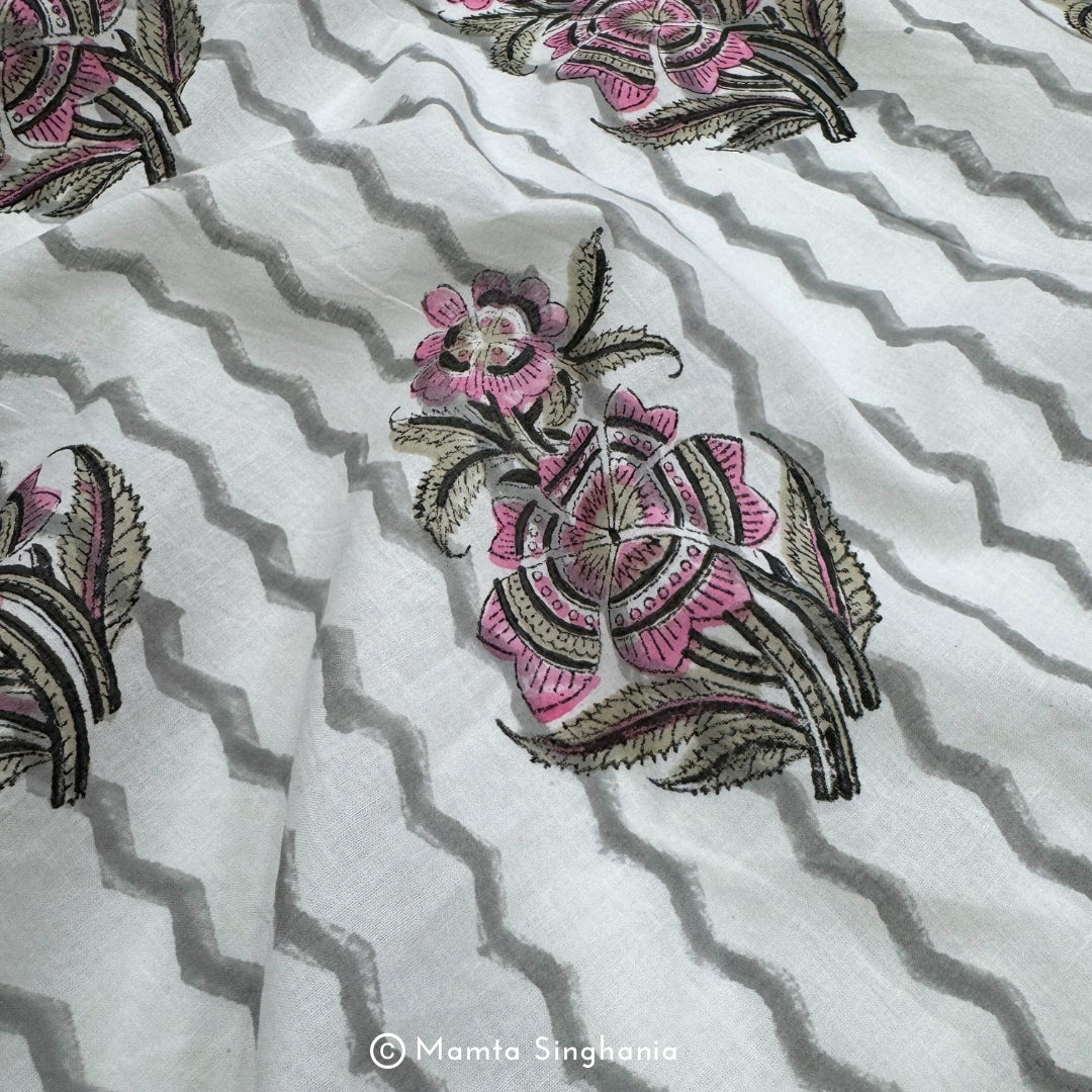 Floral Motif & Chevron Hand-Block Printed Cotton Fabric