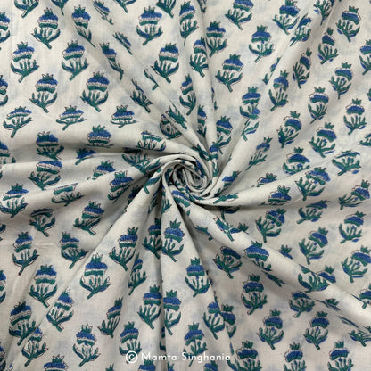 Blue Flower Hand-Block Printed Cotton Fabric