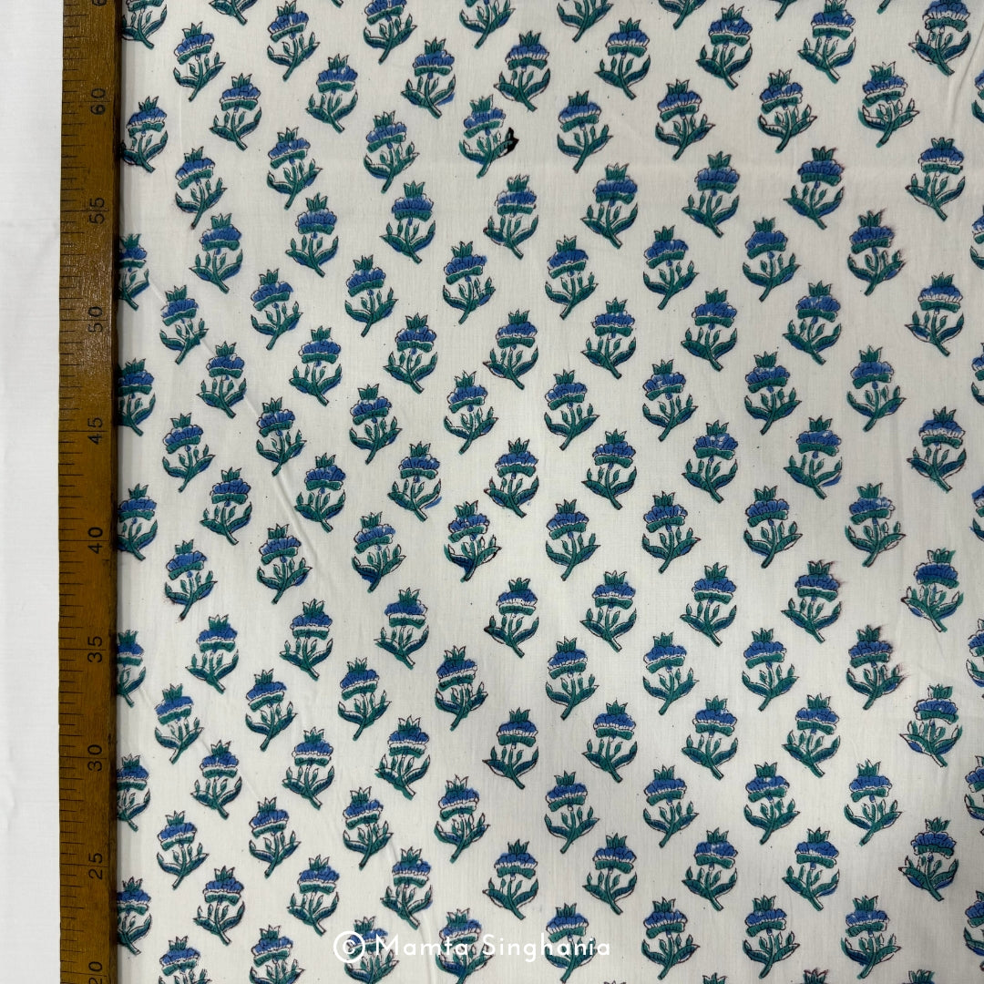 Blue Flower Hand-Block Printed Cotton Fabric