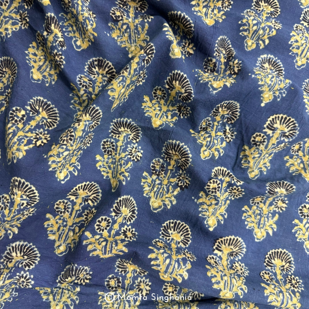 Blue Floral Ajrakh Printed Cotton Fabric