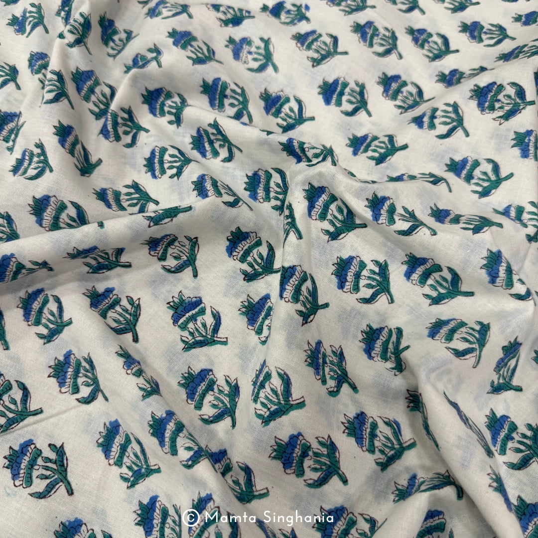 Blue Flower Hand-Block Printed Cotton Fabric