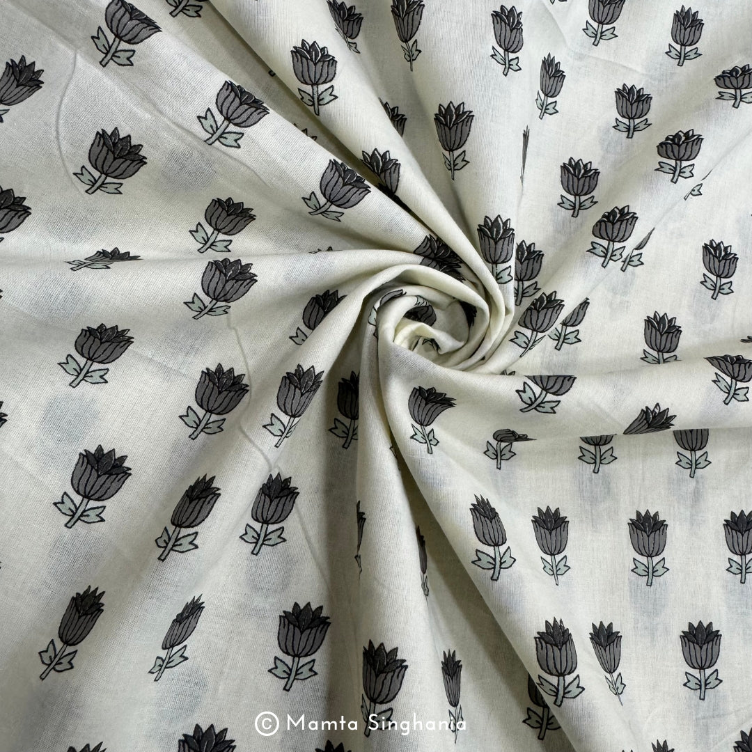 Grey Tulip Hand-Block Printed Cotton Fabric