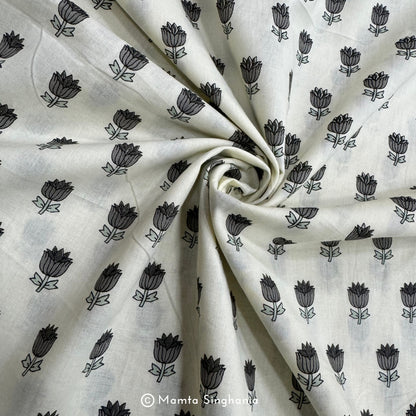 Grey Tulip Hand-Block Printed Cotton Fabric