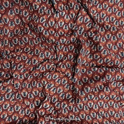 Brown Red Floral Printed Kantha Cotton Fabric